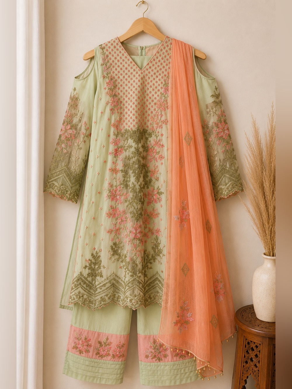 Pakistani Indian 3 Piece Salwar Kameez Suit Mint Peach Embroidered